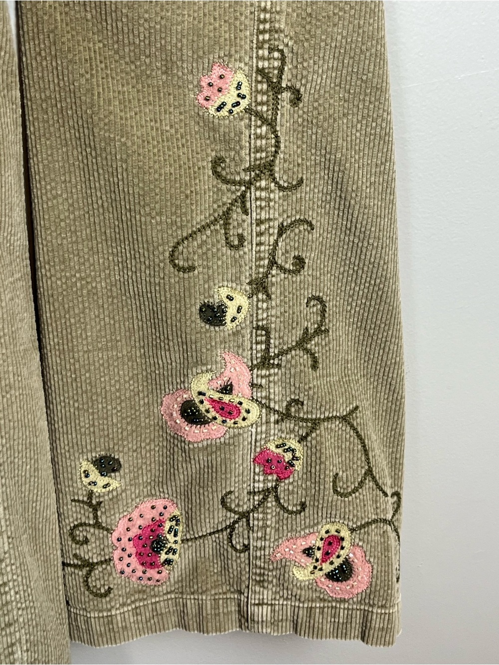 J.Jill green 100% cotton embroidered beaded corduroy straight leg pants, 10P. - Picture 6 of 10